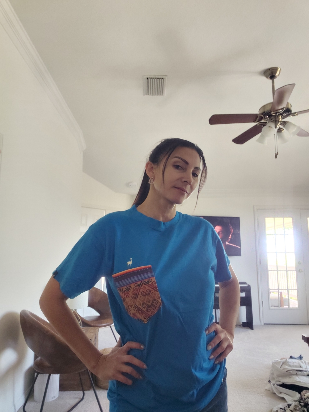 Peruvian Bright Blue Pocket Tee with Patterned Patch